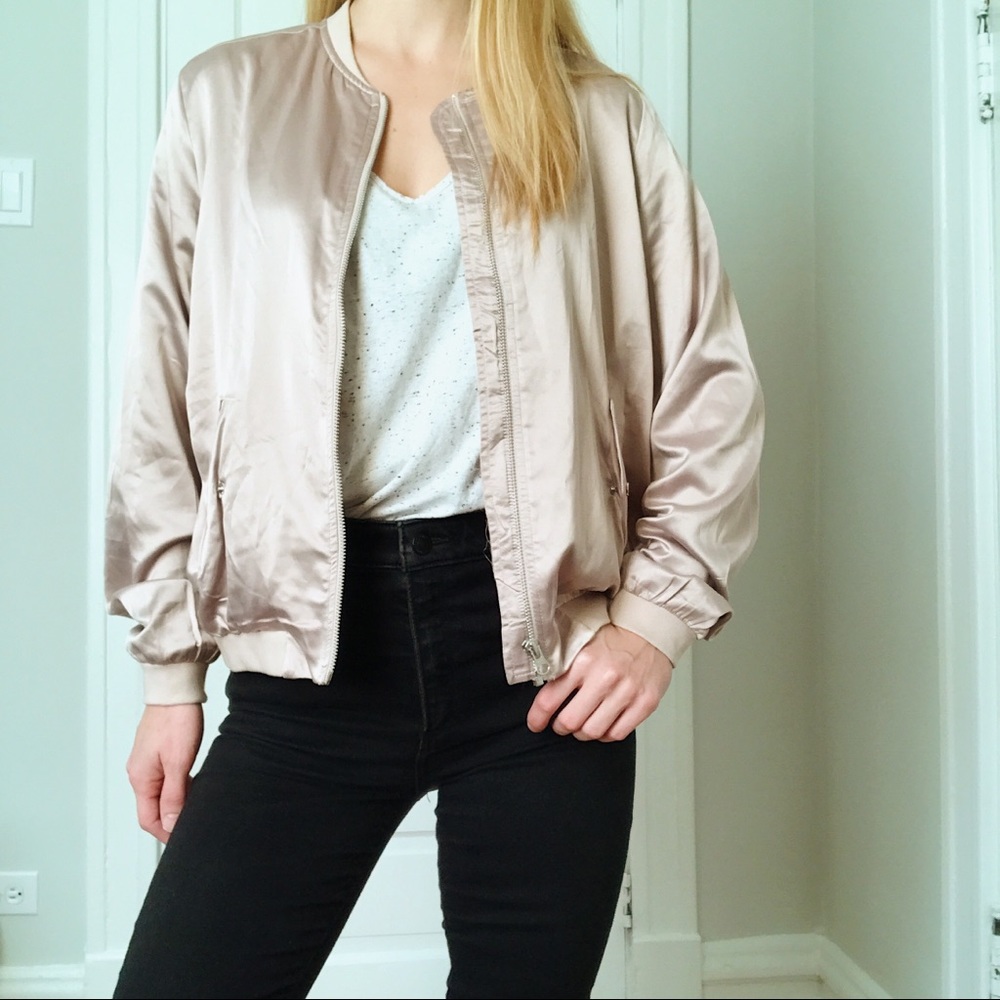 Ambiance Satin Bomber Jacket in Light Pink